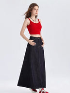 A Line Denim Skirt | Long Maxi | High Waist | Cotton-Myra Lina