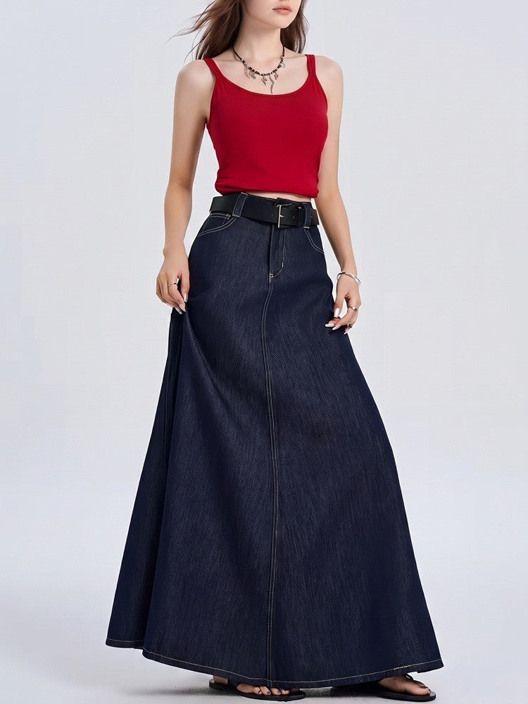 A Line Denim Skirt | Long Maxi | High Waist | Cotton-Myra Lina