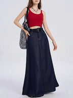 A Line Denim Skirt | Long Maxi | High Waist | Cotton-Myra Lina
