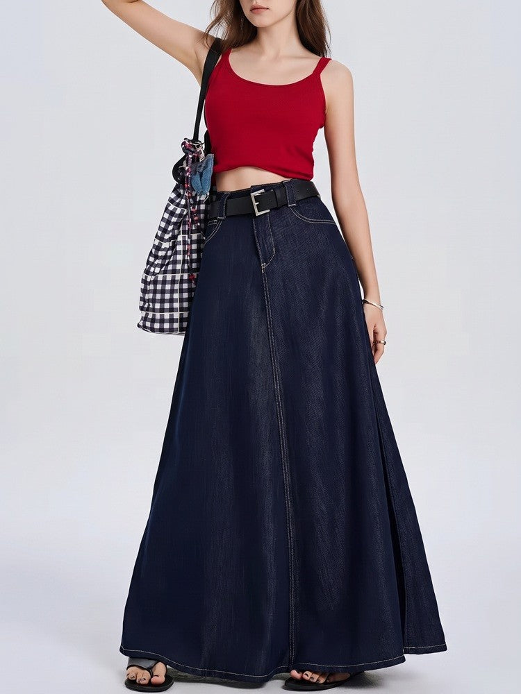 A Line Denim Skirt | Long Maxi | High Waist | Cotton-Myra Lina