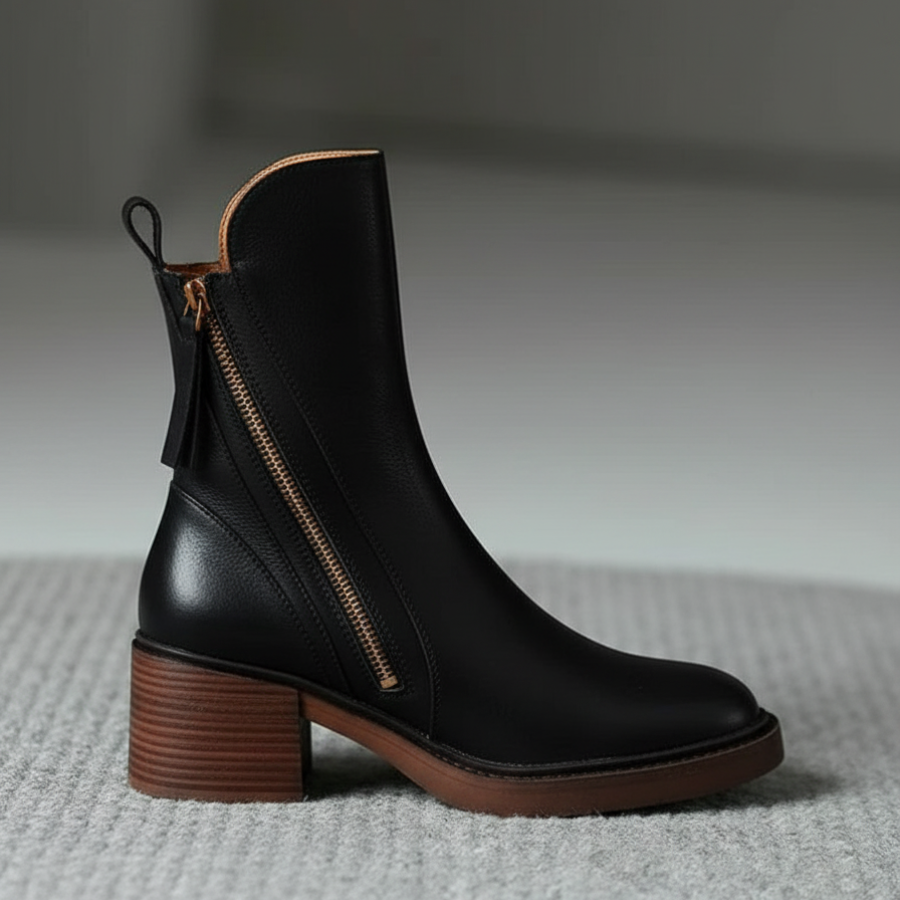 Ankle Boots – Brown and Black Faux Leather Block Heel Boots for Women-Myra Lina