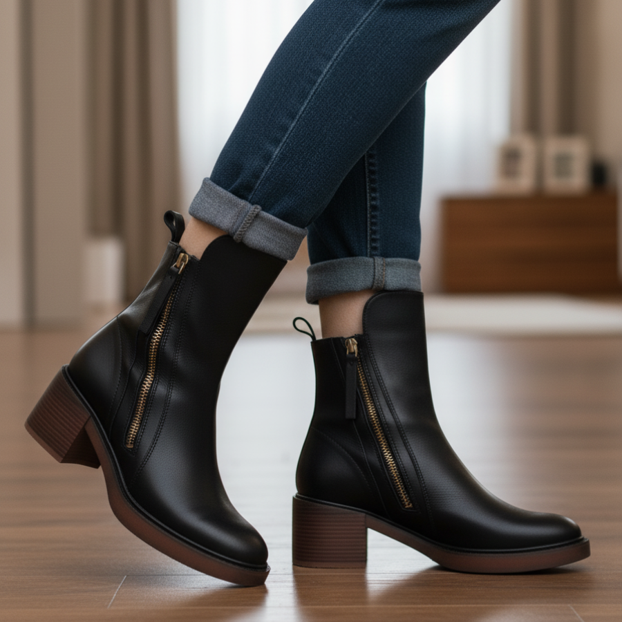 Ankle Boots – Brown and Black Faux Leather Block Heel Boots for Women-Myra Lina