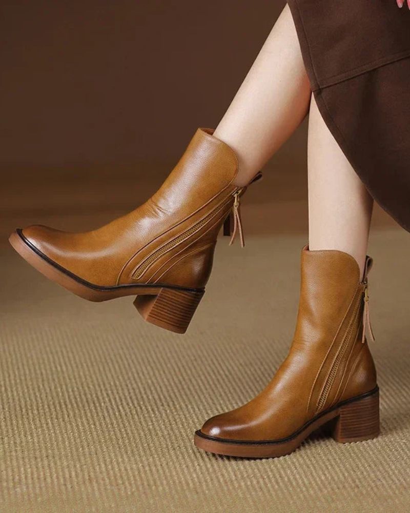 Ankle Boots – Brown and Black Faux Leather Block Heel Boots for Women-Myra Lina