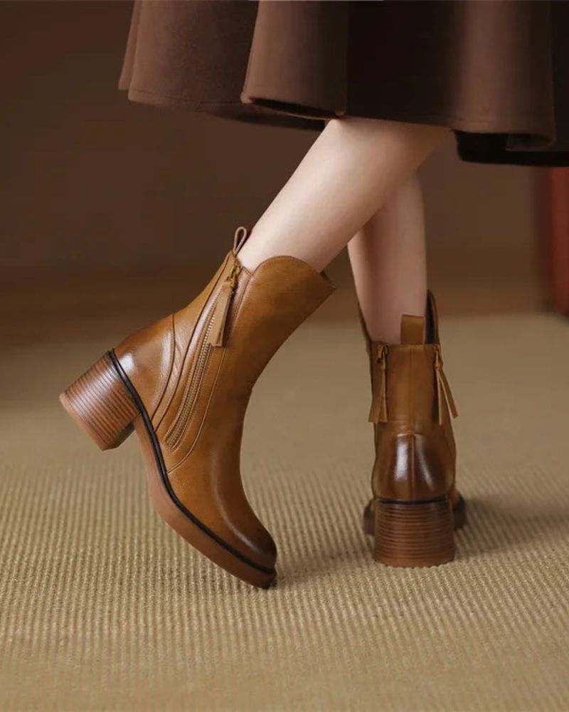 Ankle Boots – Brown and Black Faux Leather Block Heel Boots for Women-Myra Lina