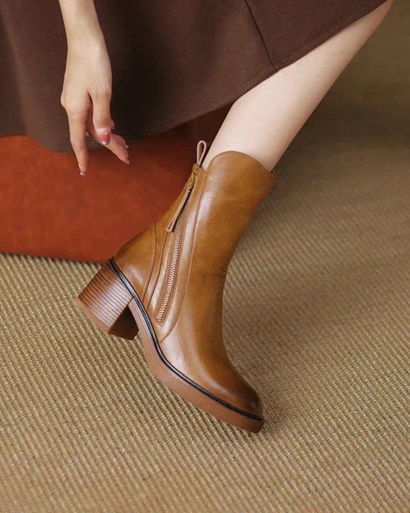 Ankle Boots – Brown and Black Faux Leather Block Heel Boots for Women-Myra Lina
