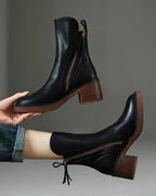 Ankle Boots – Brown and Black Faux Leather Block Heel Boots for Women-Myra Lina