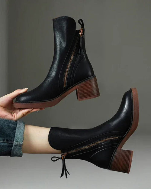 Ankle Boots – Brown and Black Faux Leather Block Heel Boots for Women-Myra Lina