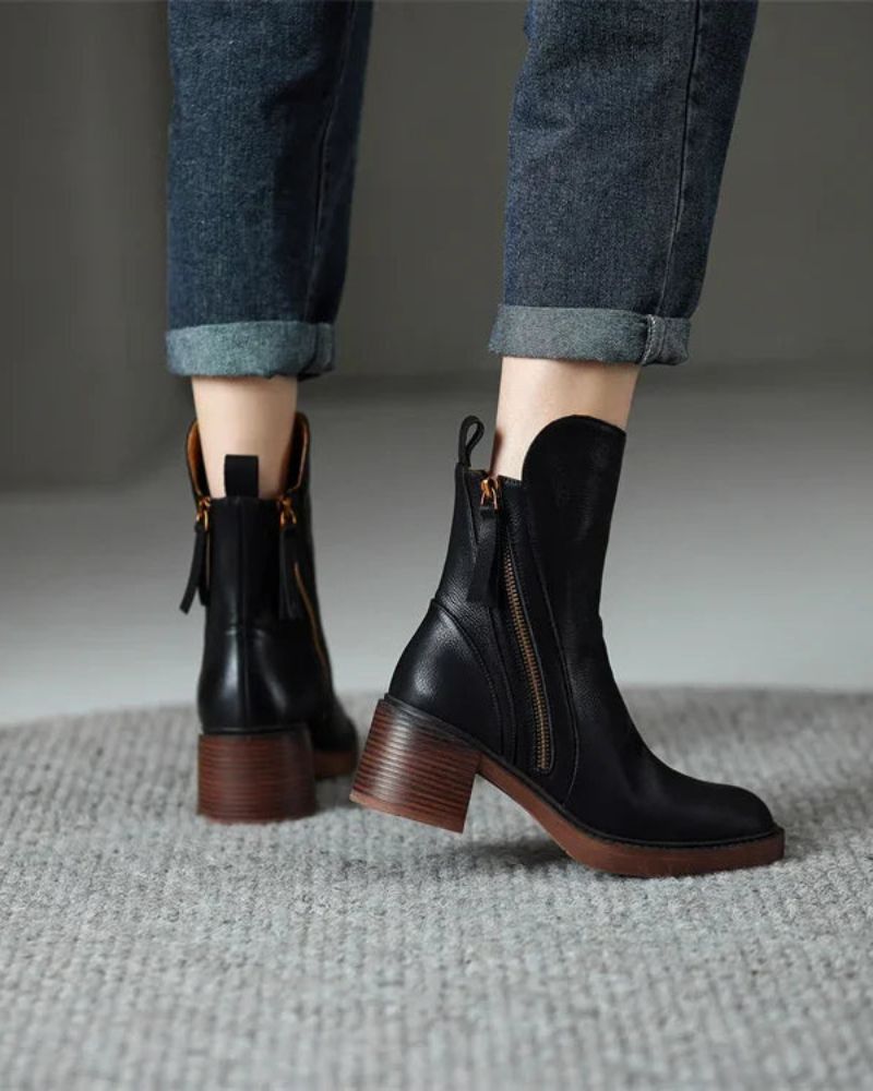 Ankle Boots – Brown and Black Faux Leather Block Heel Boots for Women-Myra Lina