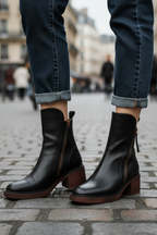 Ankle Boots – Brown and Black Faux Leather Block Heel Boots for Women-Myra Lina