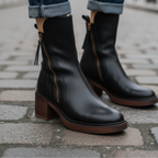 Ankle Boots – Brown and Black Faux Leather Block Heel Boots for Women-Myra Lina