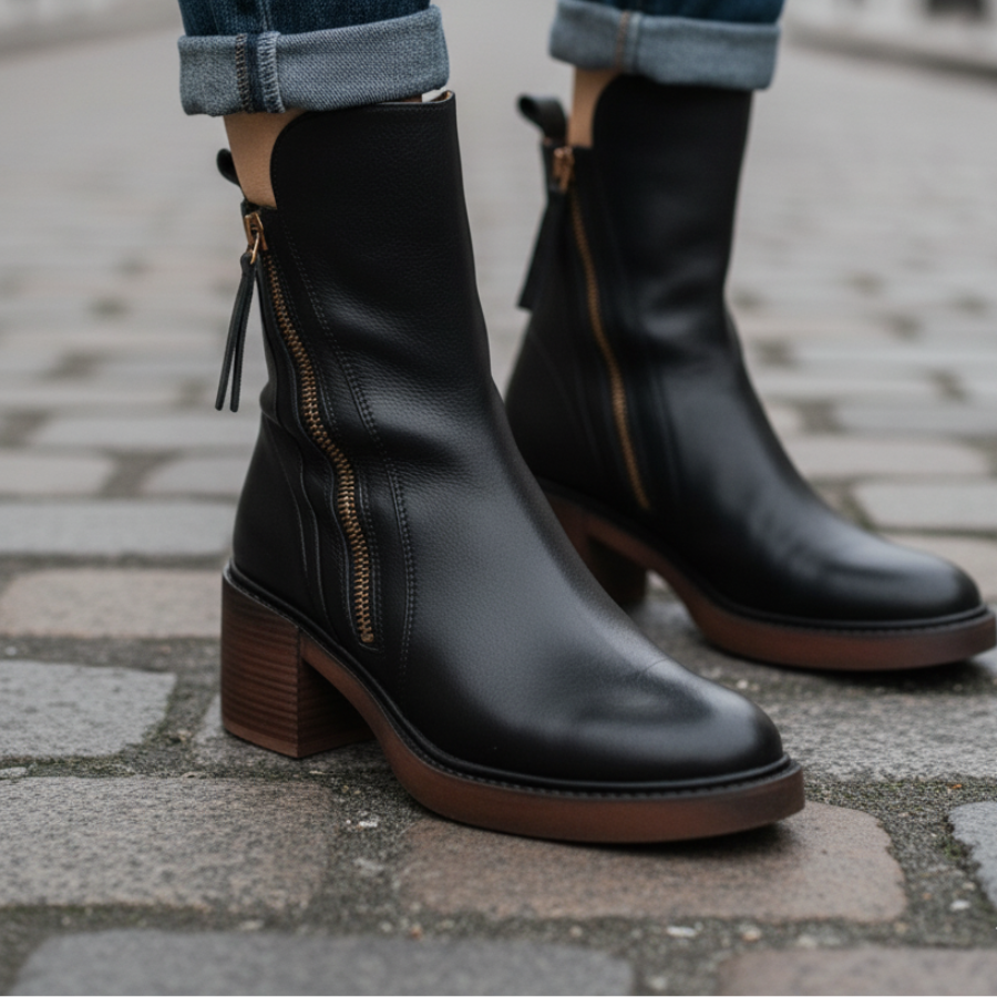 Ankle Boots – Brown and Black Faux Leather Block Heel Boots for Women-Myra Lina