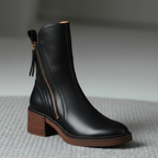 Ankle Boots – Brown and Black Faux Leather Block Heel Boots for Women-Myra Lina