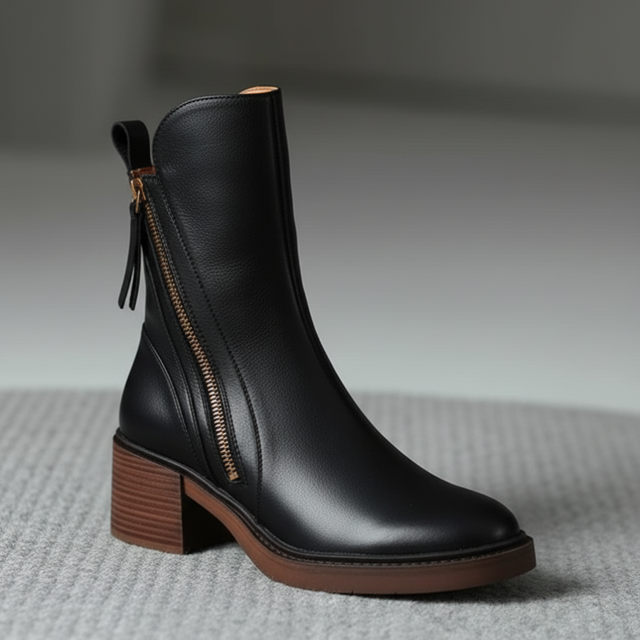 Ankle Boots – Brown and Black Faux Leather Block Heel Boots for Women-Myra Lina