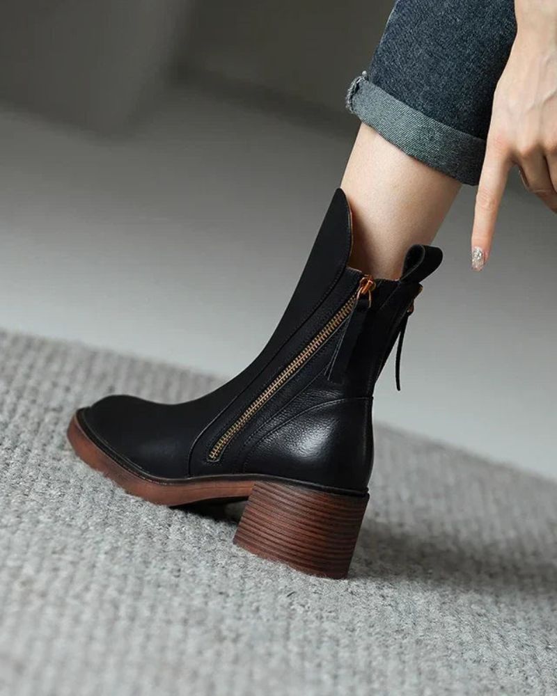 Ankle Boots – Brown and Black Faux Leather Block Heel Boots for Women-Myra Lina