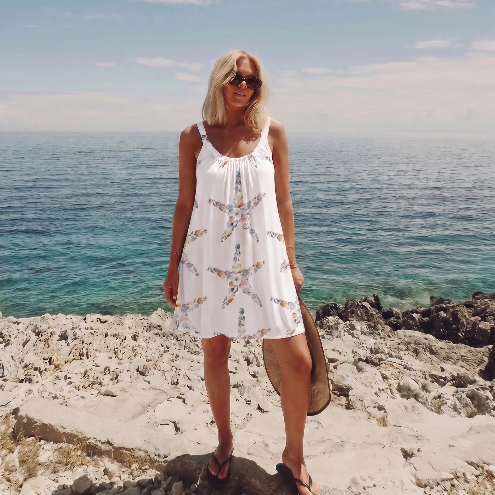 Beach Dress | Sleeveless A-Line | Ocean Print Summer Dress-Myra Lina