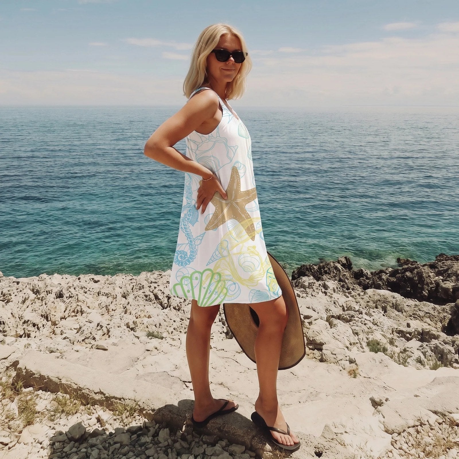 Beach Dress | Sleeveless A-Line | Ocean Print Summer Dress-Myra Lina