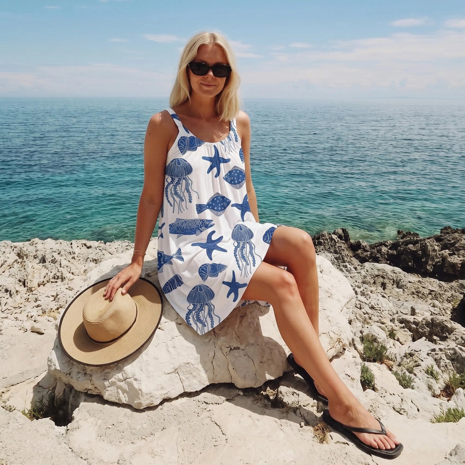 Beach Dress | Sleeveless A-Line | Ocean Print Summer Dress-Myra Lina