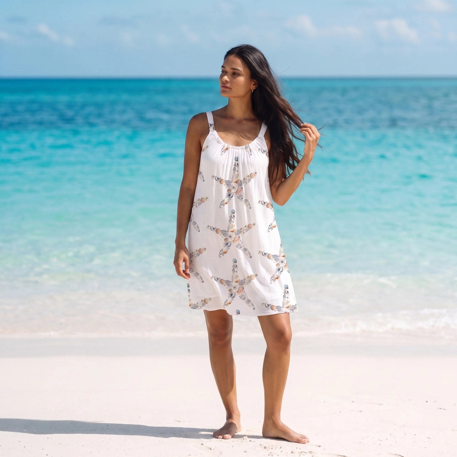 Beach Dress | Sleeveless A-Line | Ocean Print Summer Dress-Myra Lina