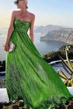 Bustier Maxi Dress | Pleated Shiny | Wedding Guest Formal-Myra Lina