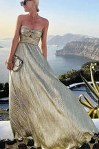 Bustier Maxi Dress | Pleated Shiny | Wedding Guest Formal-Myra Lina