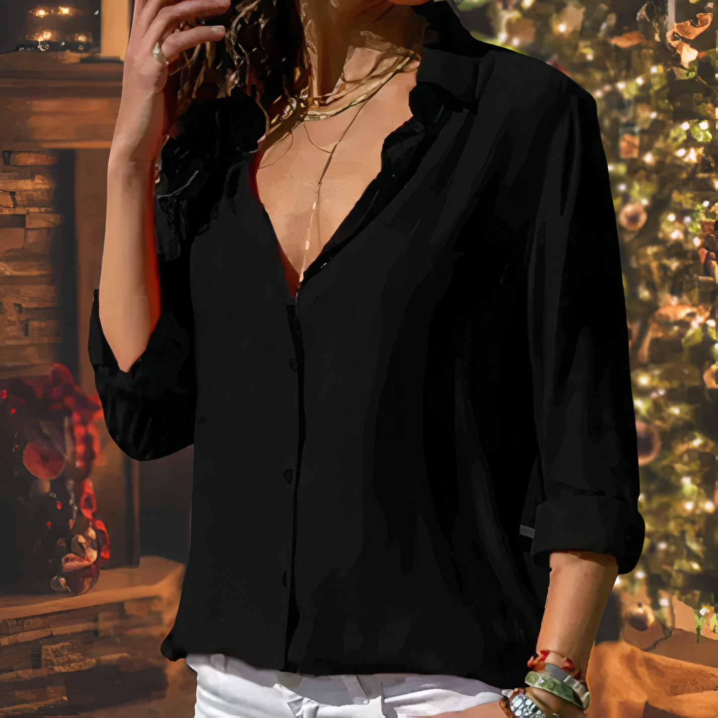 Button-Up Blouse | Loose Fit | Long Sleeve | Women's Button Shirt | Women's Blouse-Myra Lina