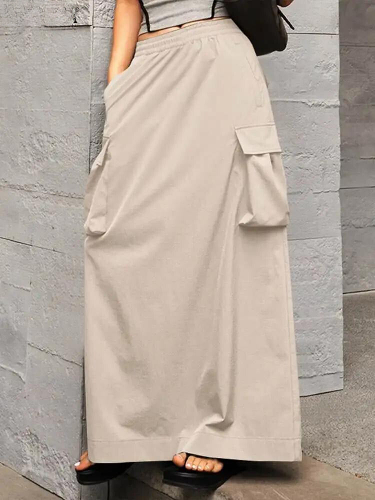 Cargo Skirt – Cotton Maxi Skirt with Elastic Waist and Pockets for Women-Myra Lina