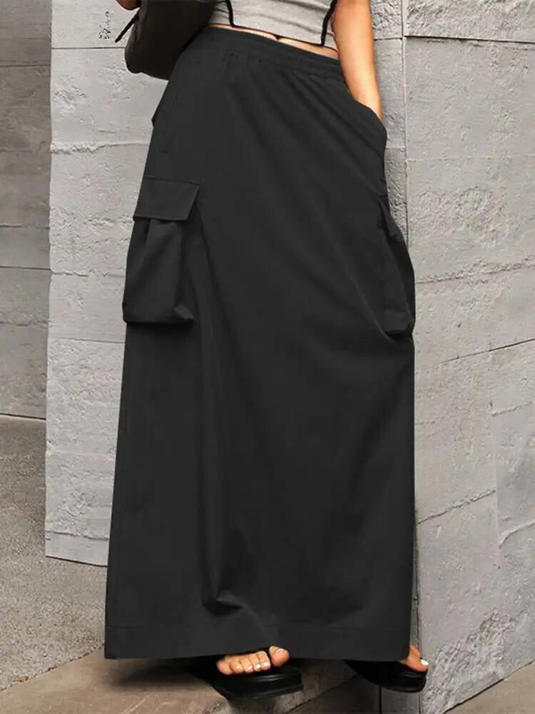 Cargo Skirt – Cotton Maxi Skirt with Elastic Waist and Pockets for Women-Myra Lina