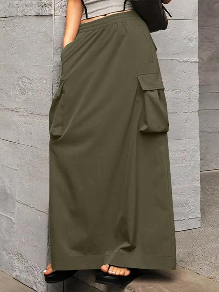 Cargo Skirt – Cotton Maxi Skirt with Elastic Waist and Pockets for Women-Myra Lina