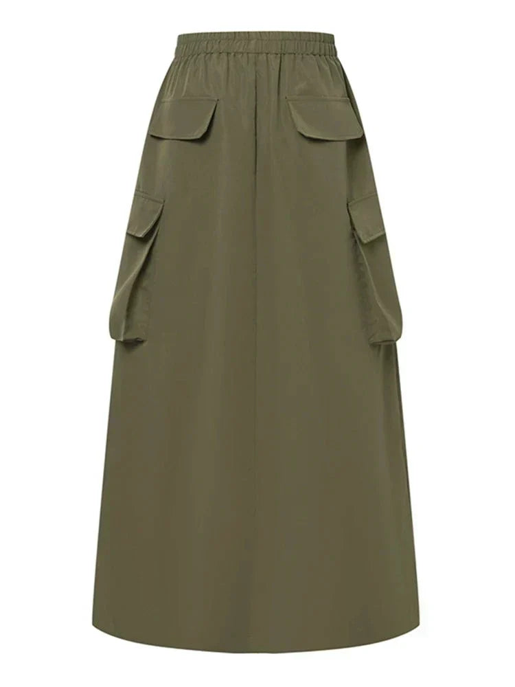 Cargo Skirt – Cotton Maxi Skirt with Elastic Waist and Pockets for Women-Myra Lina