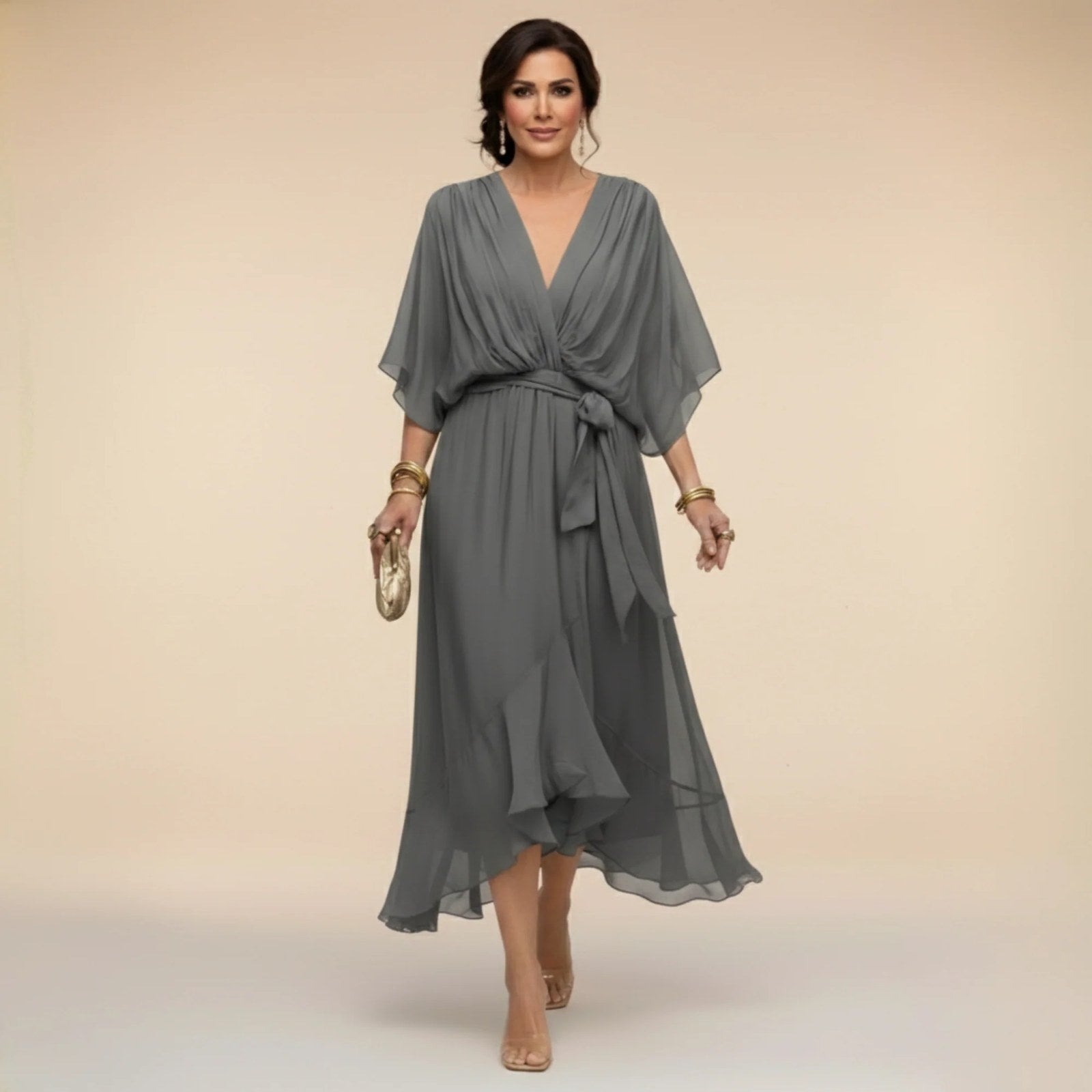 Chiffon Dress | V Neck | Lightweight Flowing Occasion Dress-Myra Lina