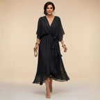 Chiffon Dress | V Neck | Lightweight Flowing Occasion Dress-Myra Lina