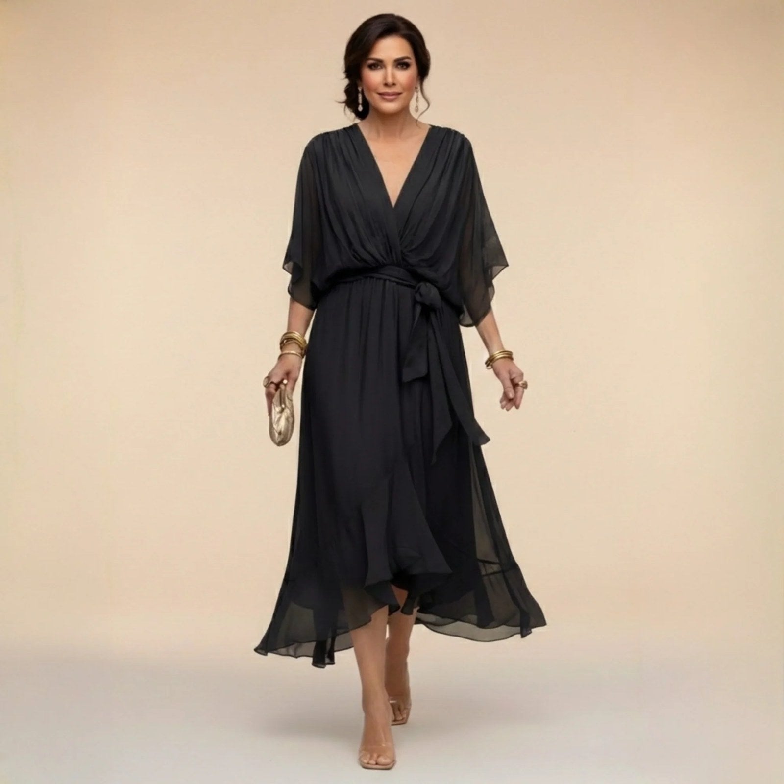 Chiffon Dress | V Neck | Lightweight Flowing Occasion Dress-Myra Lina