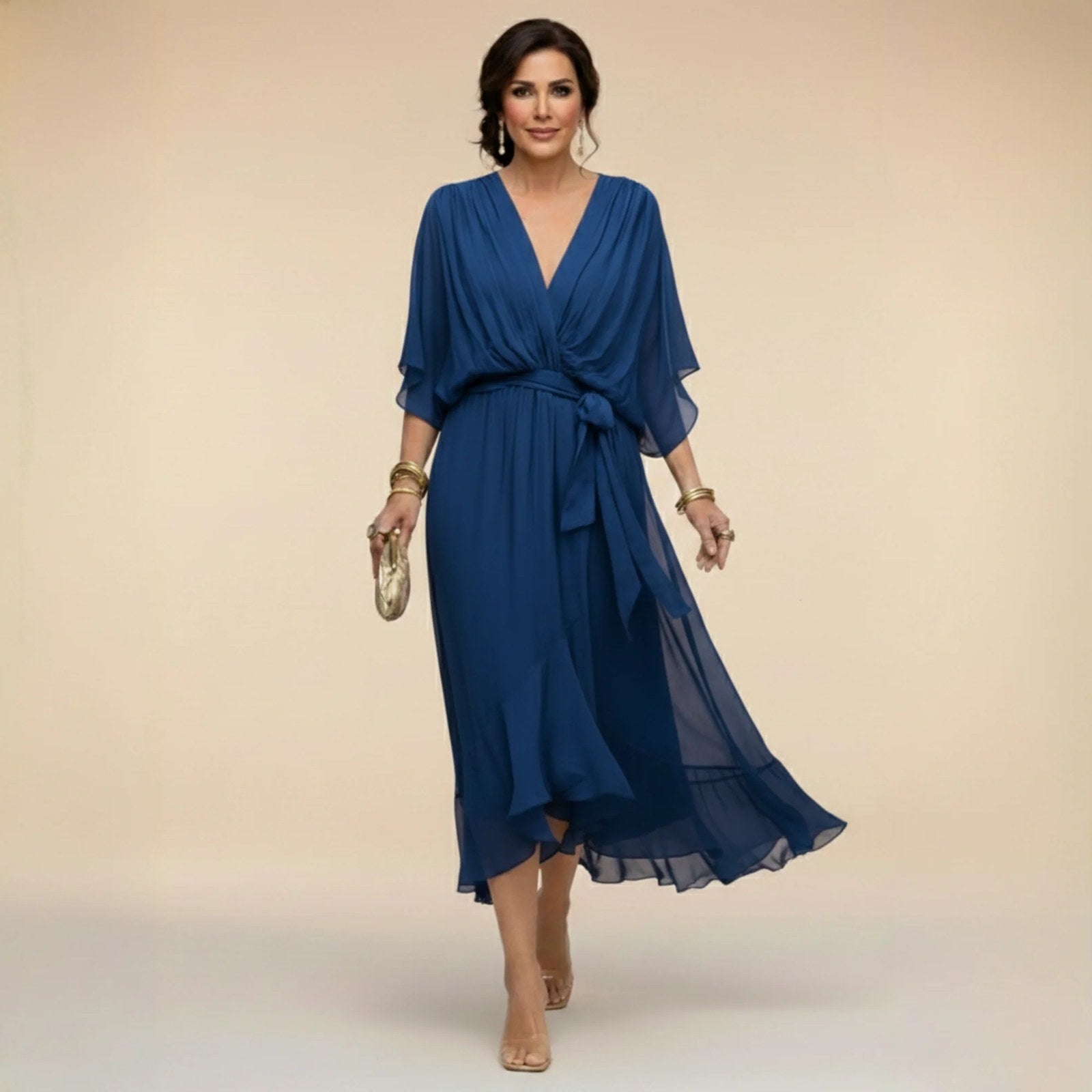 Chiffon Dress | V Neck | Lightweight Flowing Occasion Dress-Myra Lina