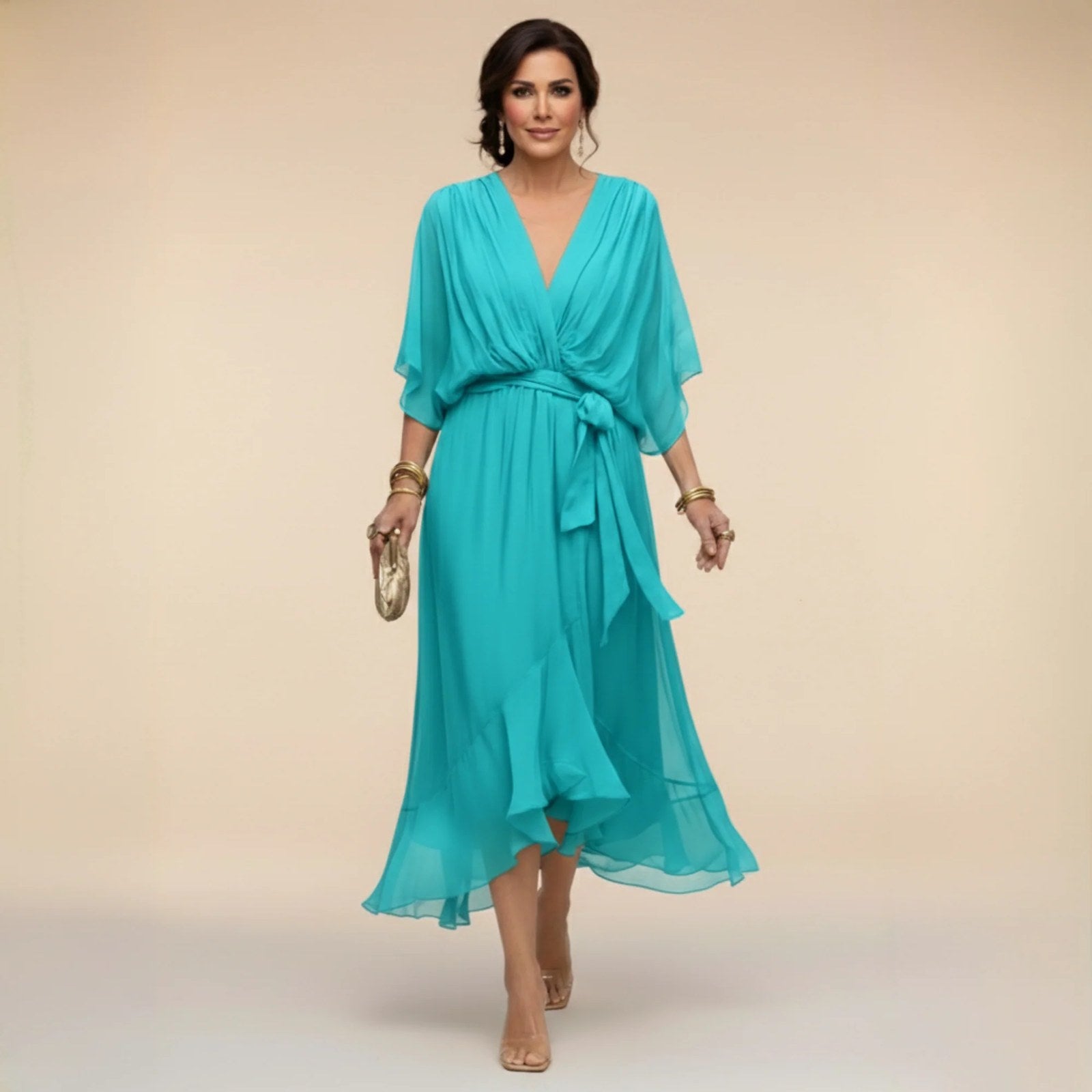 Chiffon Dress | V Neck | Lightweight Flowing Occasion Dress-Myra Lina