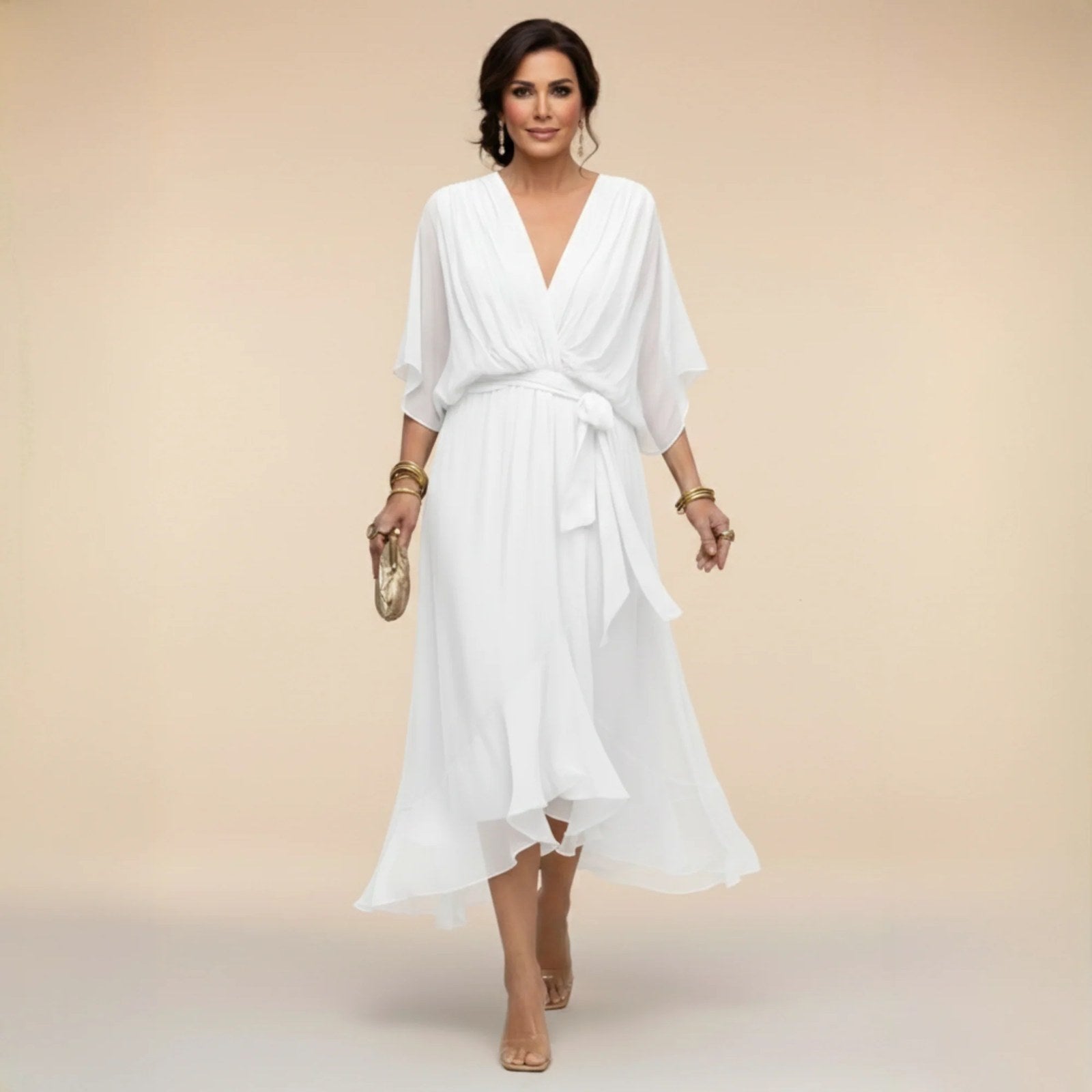 Chiffon Dress | V Neck | Lightweight Flowing Occasion Dress-Myra Lina