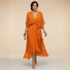Chiffon Dress | V Neck | Lightweight Flowing Occasion Dress-Myra Lina
