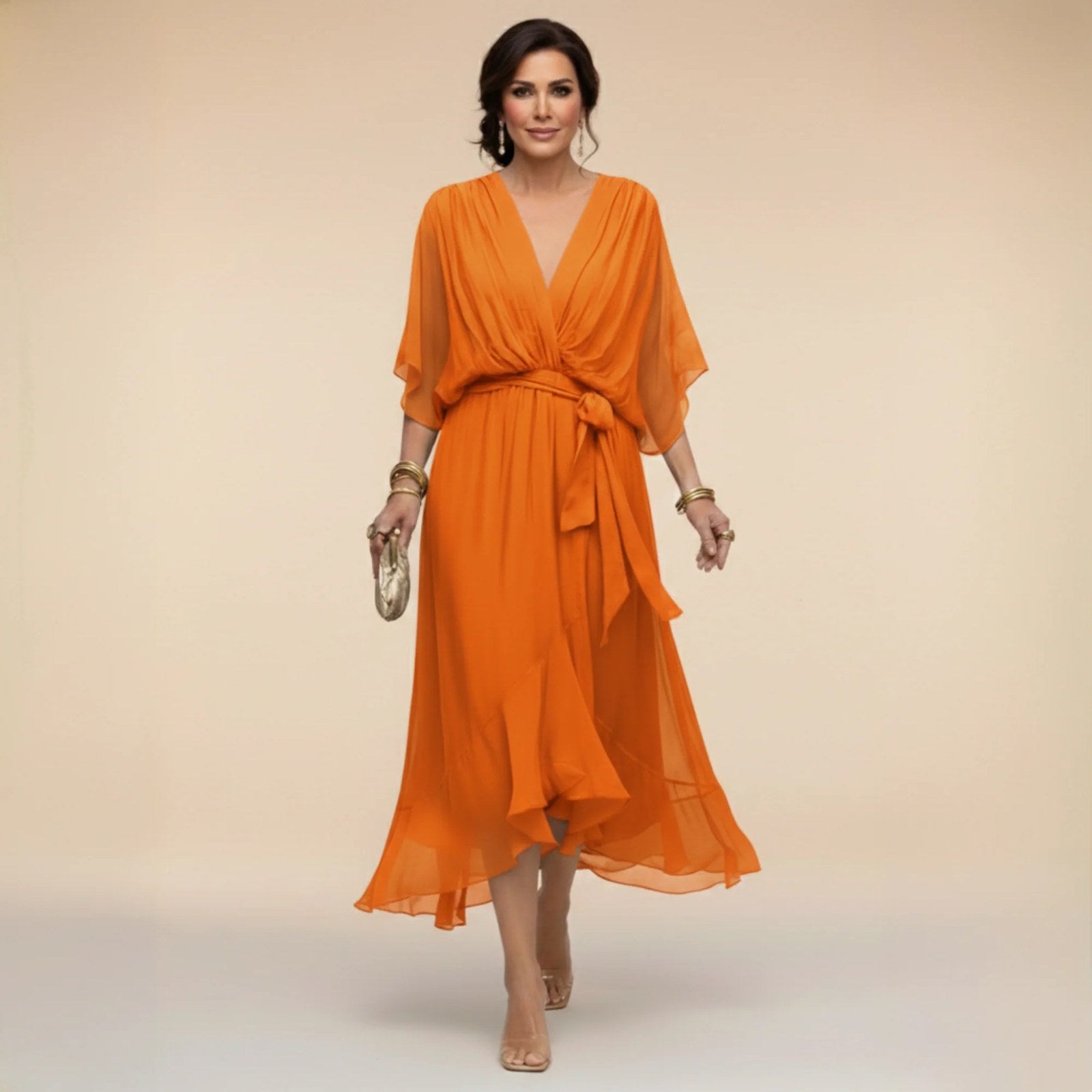 Chiffon Dress | V Neck | Lightweight Flowing Occasion Dress-Myra Lina