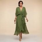 Chiffon Dress | V Neck | Lightweight Flowing Occasion Dress-Myra Lina