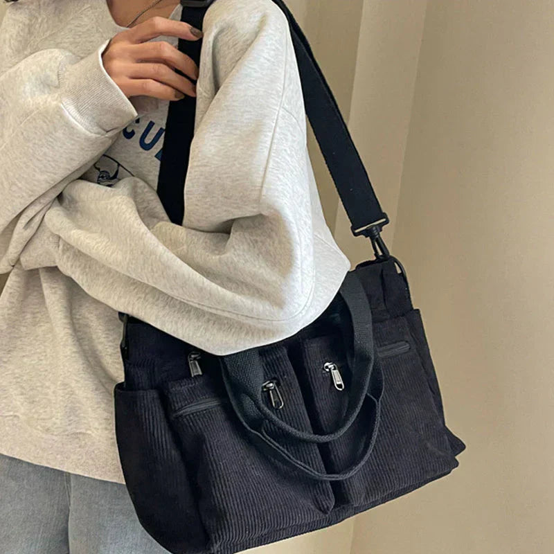 Corduroy Bag – Multi-Pocket Shoulder Bag for Women with Long Strap-Myra Lina