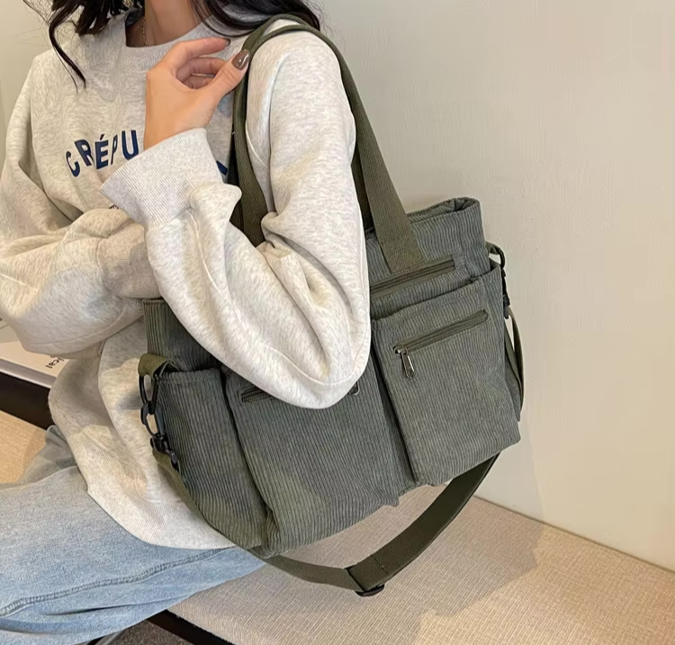 Corduroy Bag – Multi-Pocket Shoulder Bag for Women with Long Strap-Myra Lina