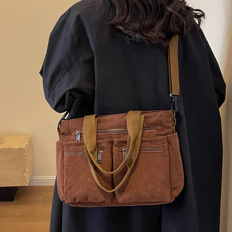 Corduroy Bag – Multi-Pocket Shoulder Bag for Women with Long Strap-Myra Lina