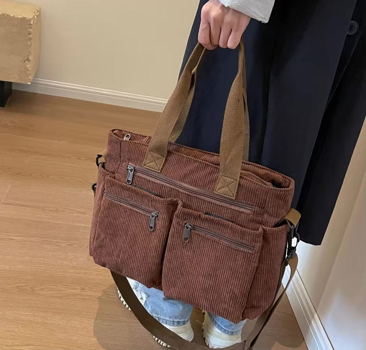 Corduroy Bag – Multi-Pocket Shoulder Bag for Women with Long Strap-Myra Lina