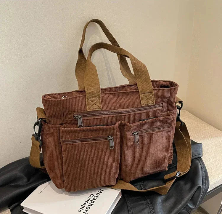 Corduroy Bag – Multi-Pocket Shoulder Bag for Women with Long Strap-Myra Lina