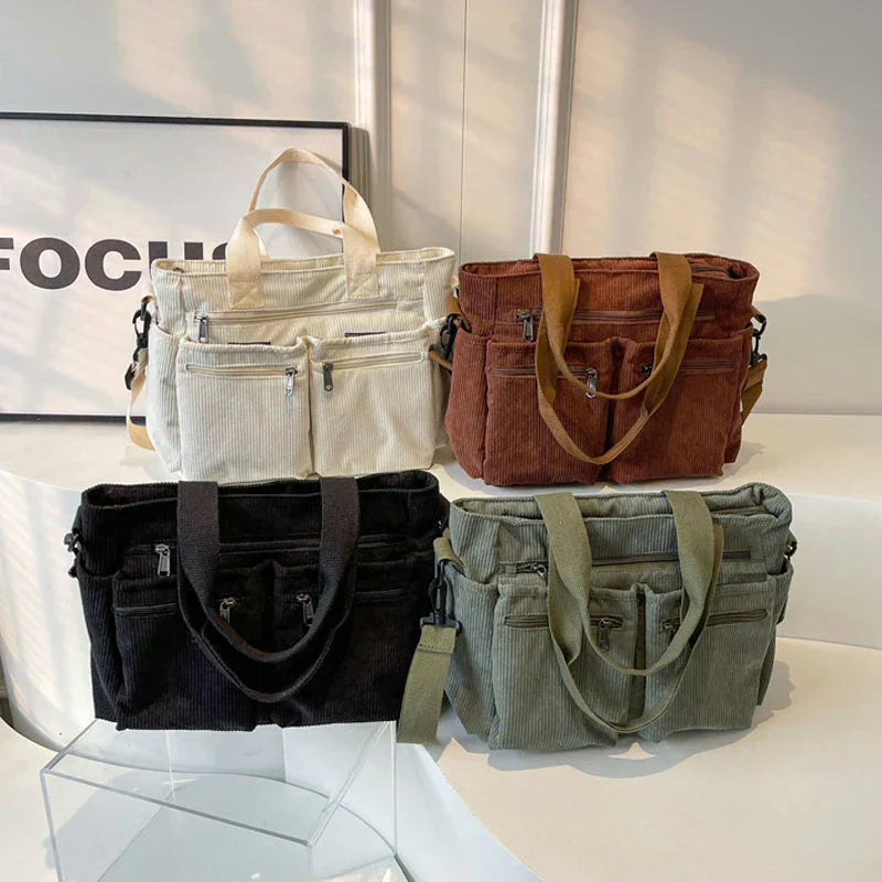 Corduroy Bag – Multi-Pocket Shoulder Bag for Women with Long Strap-Myra Lina