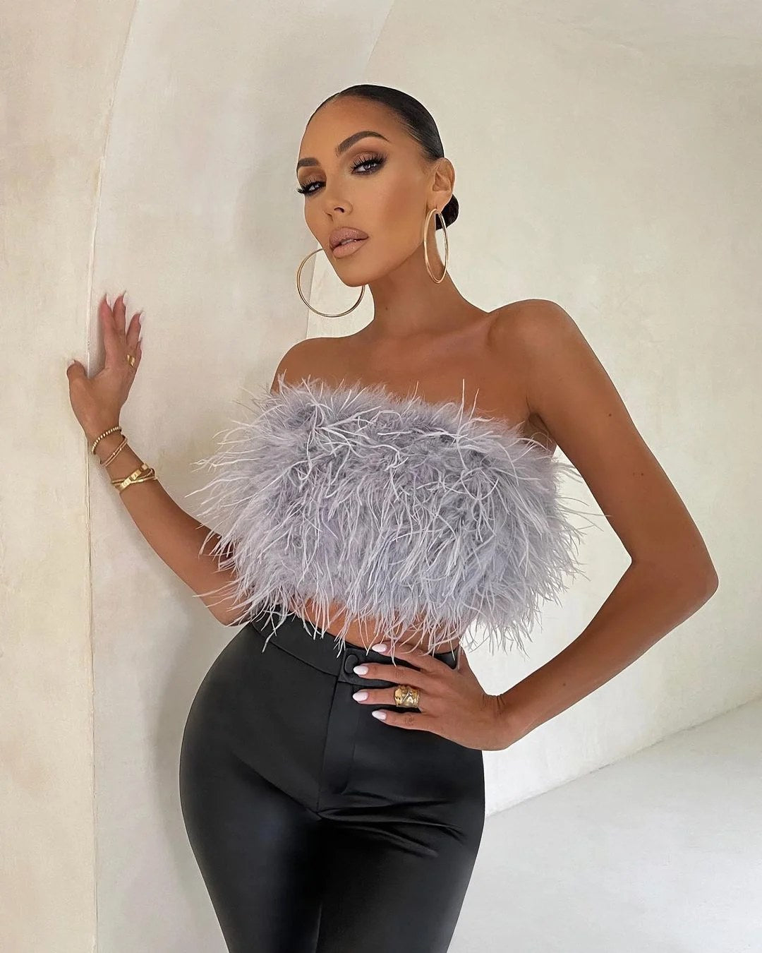 Crop Top | Strapless | Imitation Feather | Zip Up | Party-Myra Lina