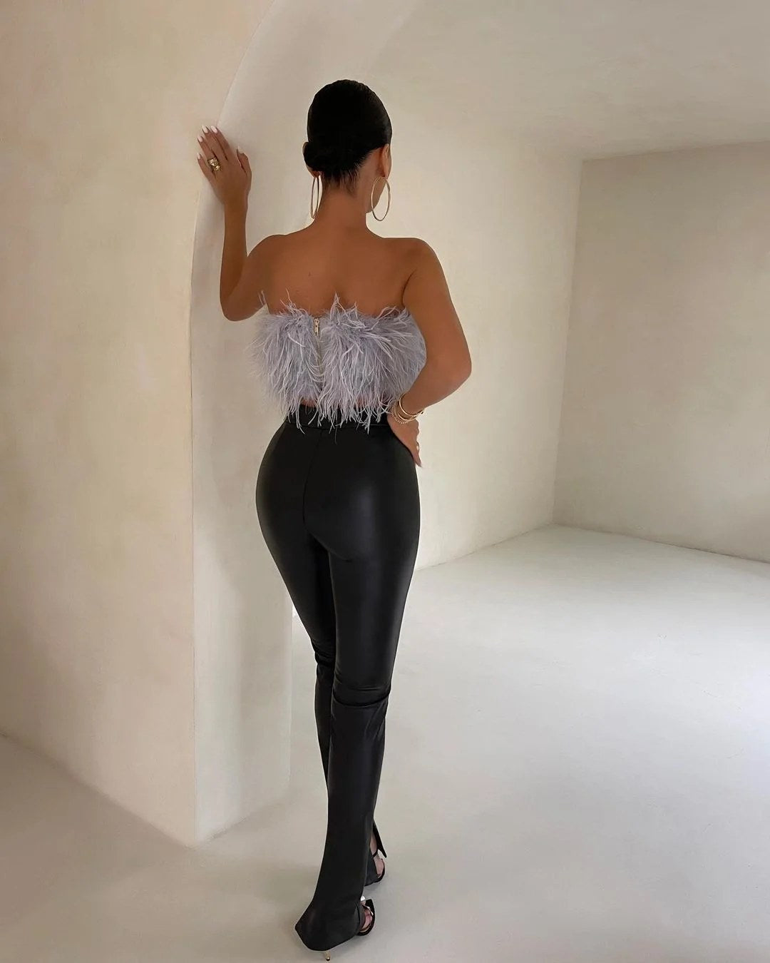 Crop Top | Strapless | Imitation Feather | Zip Up | Party-Myra Lina
