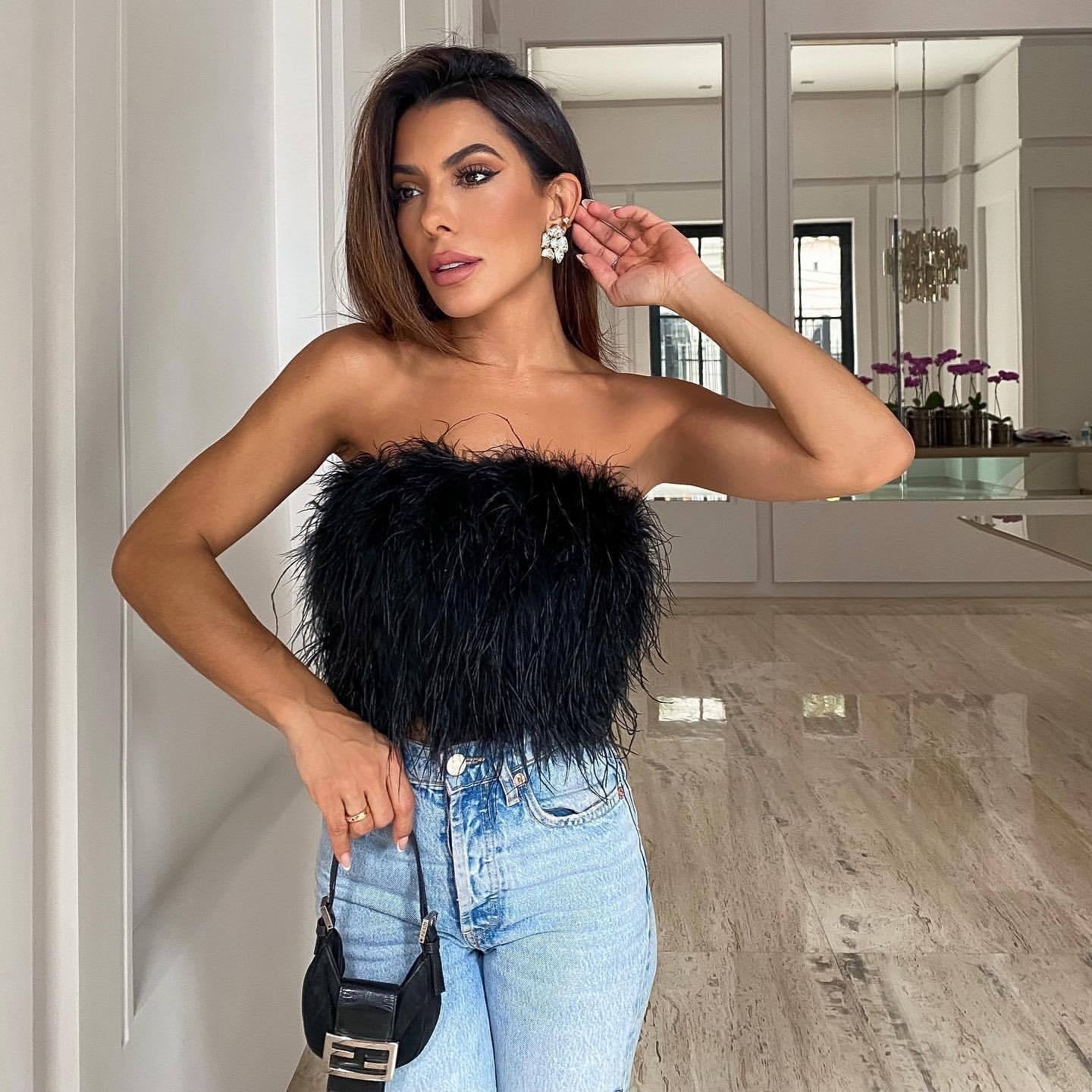 Crop Top | Strapless | Imitation Feather | Zip Up | Party-Myra Lina