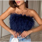 Crop Top | Strapless | Imitation Feather | Zip Up | Party-Myra Lina