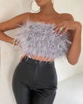 Crop Top | Strapless | Imitation Feather | Zip Up | Party-Myra Lina