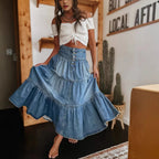 Denim Maxi Skirt | Tiered Button Front | Raw Hem | Boho-Myra Lina